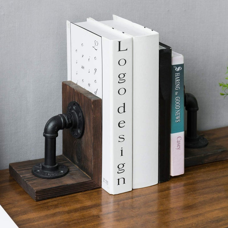 MyGift Dark Brown Industrial Pipe & Rustic Wood Bookends  Set of 2 - Image 2